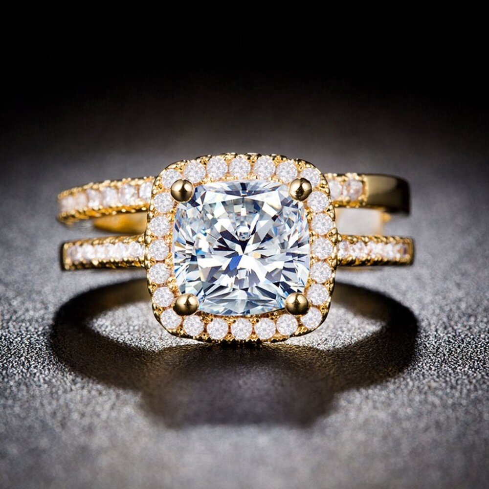 18K Gold Plated Luxury Princess Cut 3A CZ Wedding Couple Ring, FB16FA1029-10 - Picture 3 of 3